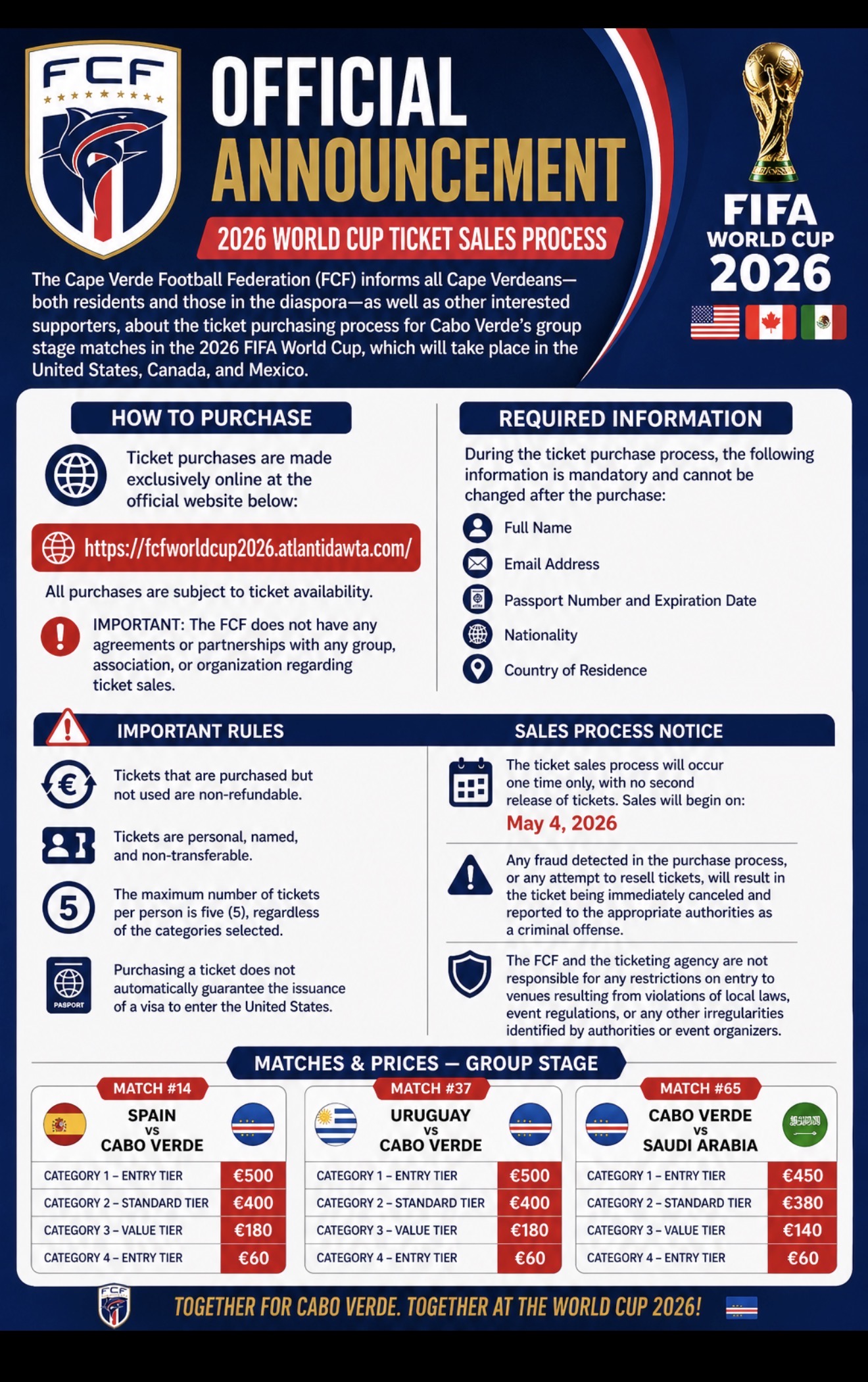 Official FCF announcement — Cabo Verde 2026 World Cup ticket sales process